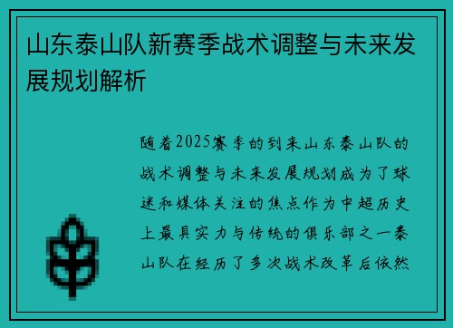山东泰山队新赛季战术调整与未来发展规划解析